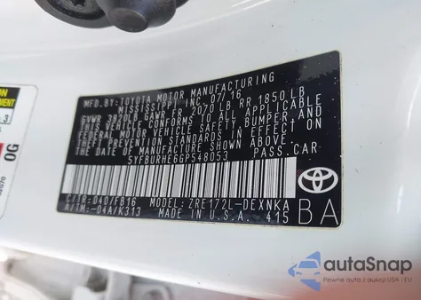 2016 Toyota Corolla Le from USA, damaged, VIN 5YFBURHE6GP548053